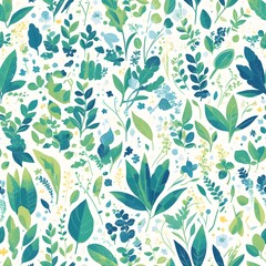 Seamless pattern of foliage in vibrant green and turquoise tones