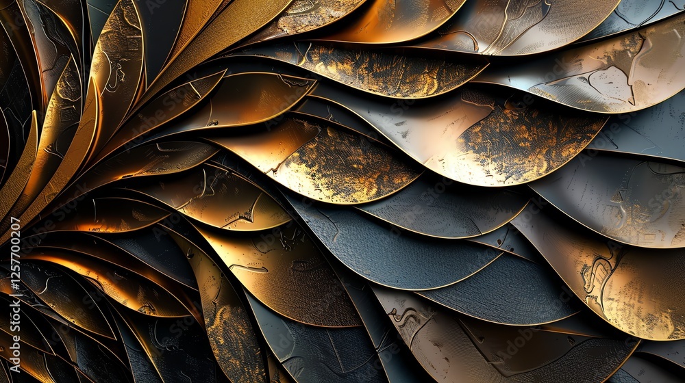Poster abstract 3d rendering of overlapping metallic leaves with a rough surface in shades of gold, bronze 