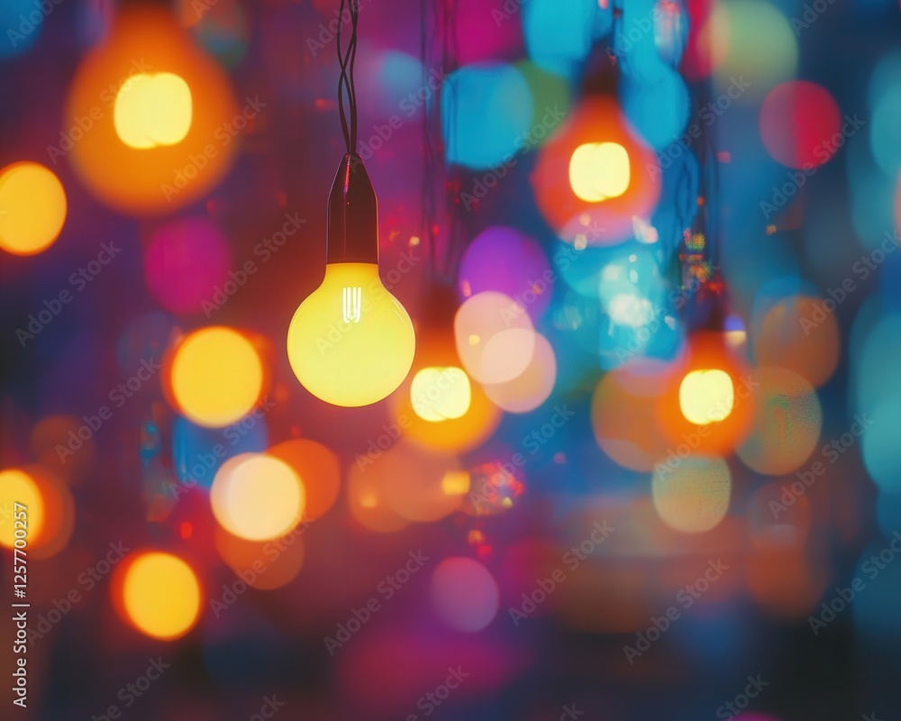 Poster a creative 4k image featuring light bulbs glowing softly in the foreground, with colorful bokeh in t