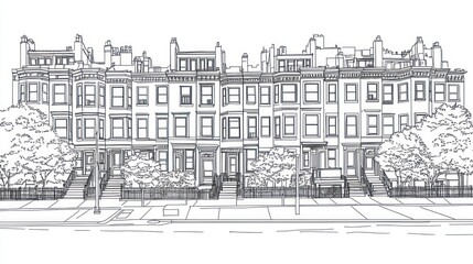 City street row houses architectural drawing, urban landscape