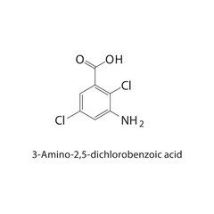 3-Amino-2,5-dichlorobenzoic acid skeletal structure.Aromatic acid compound schematic illustration. Simple diagram, chemical structure.