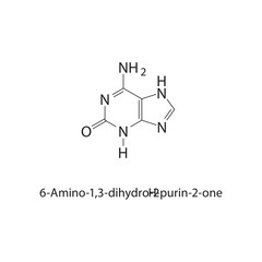 6-Amino-1,3-dihydro-2Hpurin-2-one skeletal structure.Purine derivative compound schematic illustration. Simple diagram, chemical structure.