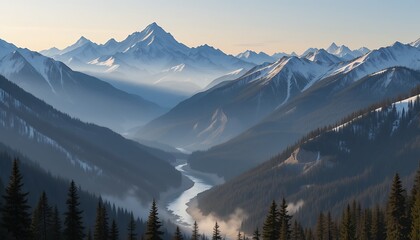 Obraz premium Snow-Capped Peaks and Winding River: Serene Mountain Vista at Dusk, Breathtaking Scenery