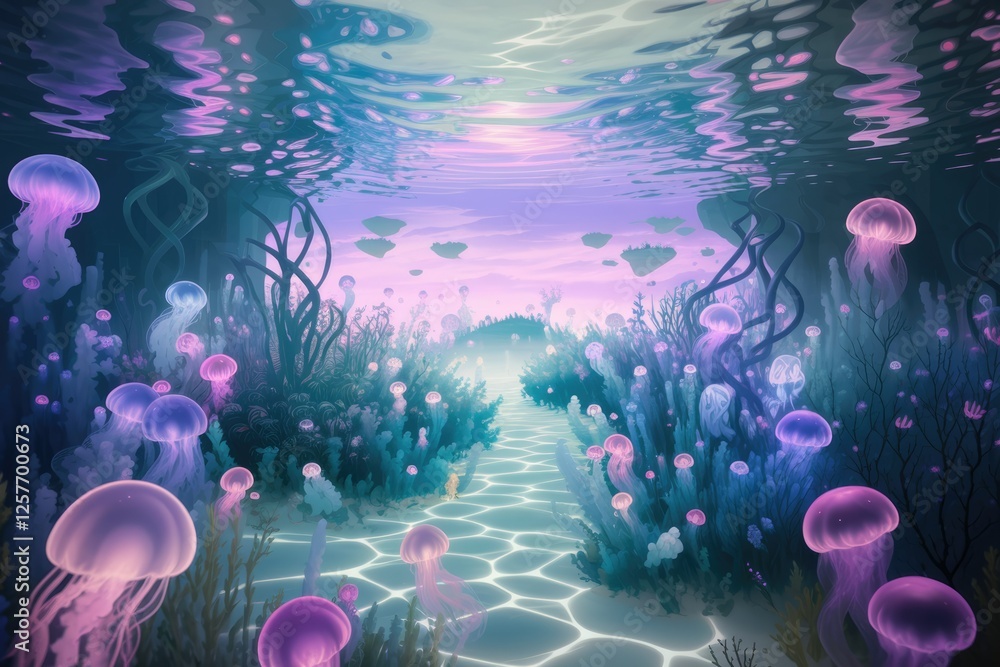 Poster an ethereal underwater scene with glowing jellyfish and a pathway leading to a serene, sunlit surfac