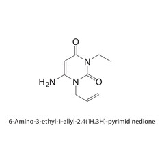 6-Amino-3-ethyl-1-allyl2,4(1H,3H)-pyrimidinedione skeletal structure.Pyrimidinedione derivative compound schematic illustration. Simple diagram, chemical structure.