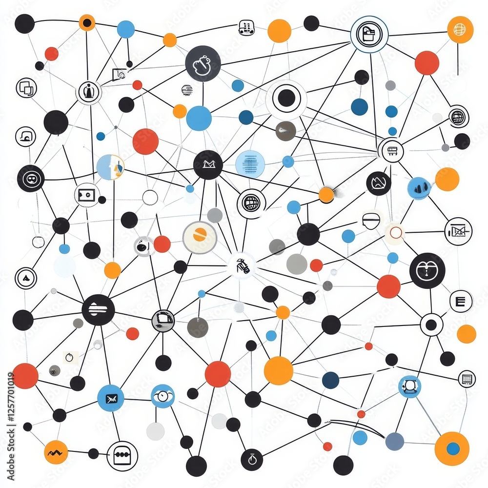 Poster an abstract geometric flat network pattern in vivid colors as the background