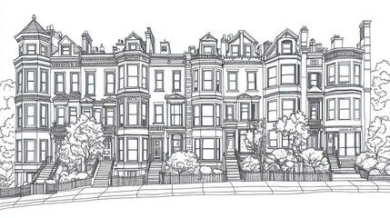 Row houses, city street, trees, architectural drawing, real estate