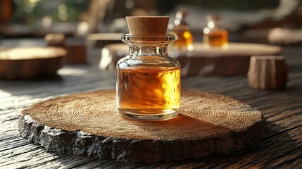 Amber essential oil bottle on wood slice, forest background, spa product