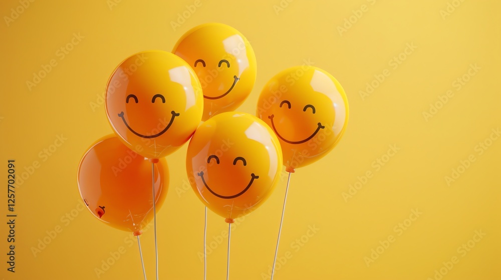 Poster this is a 3d rendering of a bunch of yellow balloons with smiley faces on them. the balloons are flo