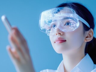 woman using augmented reality glasses with smartphone