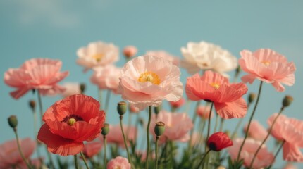 Obraz premium Beautiful Blooming Poppy Flowers in a Colorful Garden Under a Clear Blue Sky