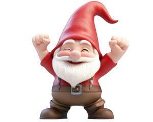 cheerful garden gnome with big red hat and white beard, celebrating joyfully. This playful character brings whimsical touch to any outdoor space