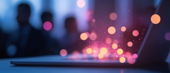 laptop showing abstract data visualization with blurred business team