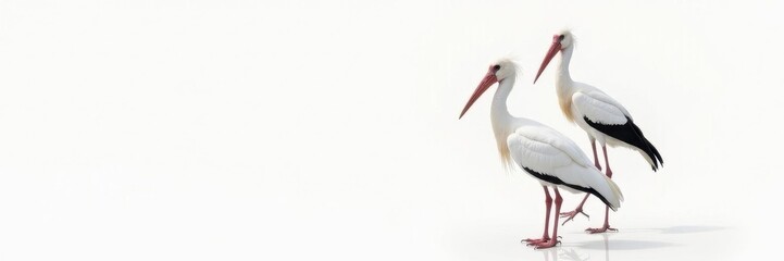Obraz premium A pair of majestic white storks, sharply focused, set against a clean white background , beak, white