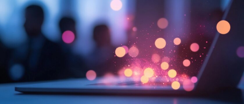 laptop showing abstract data visualization with blurred business team