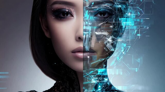 A close-up of a young Caucasian woman face with digital elements projected onto her face, symbolizing technology and innovation. Human cyborg, Deep learning. Mindfulness, Psychology, future concept.
