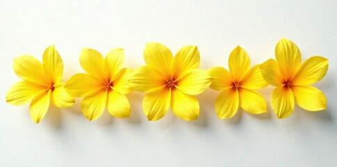 Fototapeta premium A row of sunny yellow blooms on a clean white surface , white, closeup, vibrant yellow