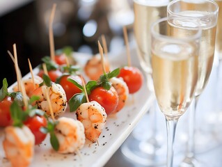 Shrimp tomato skewers and champagne glasses celebration appetizer