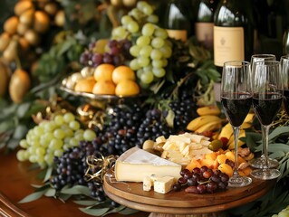 Cheese Fruit and Wine: Elegant Food Arrangement for Celebratory Occasion