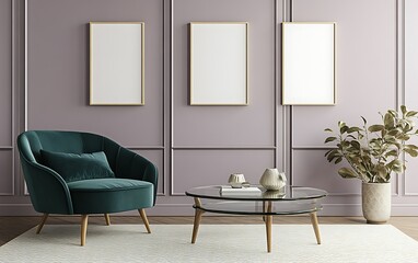 Elegant living room, mauve walls, armchair, coffee table, mockups
