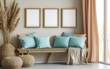 Beige room interior design mockup, three frames, woven bench, pillows
