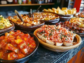 Assortment of Delicious Tapas Dishes Served on Elegant Counter Top