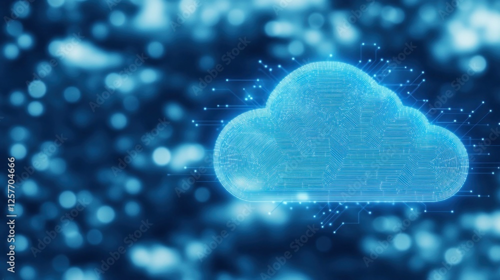 Poster futuristic blue cloud computing concept with digital connections and technology elements, symbolizin