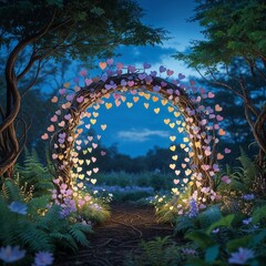 Whimsical Heart-Shaped Archway Illuminated By Soft Fairy Lights In A Serene Forest Setting With Flowers And Lush Foliage Decorated With Twinkling Lights And Romantic Decorations. A Serene Pathway