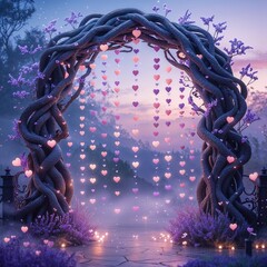 Whimsical Heart-Shaped Archway Surrounded by Lush Lavender Blossoms in Magical Twilight
