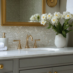 Elegant bathroom design featuring golden fixtures and fresh flowers in a modern setting. Generative AI