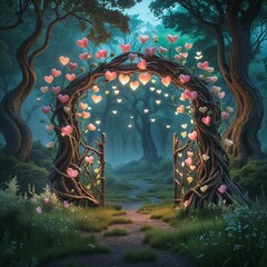 Whimsical Heart-Shaped Archway Through Lush Forest at Twilight With Lush Greenery And Blooming Flowers In The Background. A Pathway Of Magic And Enchantment. With Soft Light Atmosphere Of Mystery And