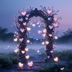 Whimsical Heart-Shaped Lanterns Adorning a Misty Floral Archway at Dusk
