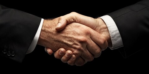 Obraz premium Two hands shake firmly against a dark background, symbolizing agreement, partnership, and collaboration in a professional context.