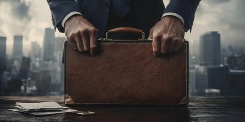 A businessman grips a vintage briefcase, with a city skyline in the background, evoking themes of professionalism and determination.