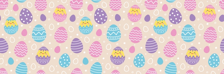 Colourful Easter seamless pattern with cute chicks and eggs. Cartoon style background. Vector illustration