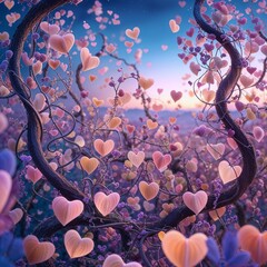 Whimsical Heart-Shaped Leaves On Twirling Branches Beneath A Dreamy Sunset Sky  And Forest Landscape   With Color And Texture Elements  Of Artistic Design  And Flora Elements  In Soft Light And A