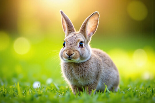 small grey rabbit on grassy area with sunlit blurred background