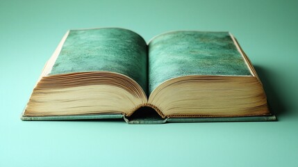 Open vintage book with textured cover resting on a soft green surface, evoking nostalgia