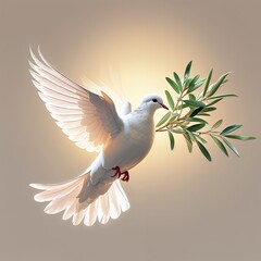White Bird Holding Olive Branch Against Soft Golden Glow of Sunlight and Sky featuring Graceful Flight of Bird in Nature's Embrace Of Beauty and Serenity. Symbolic Representation of Peace and