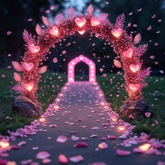 Whimsical Pathway with Decorative Hearts and Glowing Lights in a Serene Garden Area with Flowers and Lush Plants. Romantic Evening Ambiance. Soft Colors. Pathway, Decorative Hearts, Lanterns, Lights