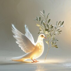 White Dove Holding Olive Branch In Soft Light Setting  Illuminated Photo Of A Dove With Olive Branch Symbol Of Peace And Serenity Featuring Soft Light And Color Focus On The Dove's Softness Graceful