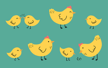 Collection of cartoon chicks and chickens. Easter chicks. Vector illustration.