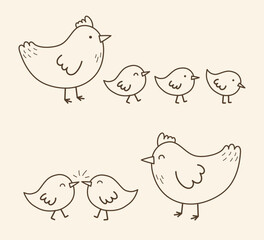 Cute cartoon chicks and chickens. Easter chicks icons in hand drawn style. Set. Vector illustration