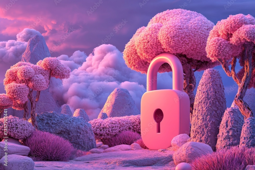 Poster server rack fastened with a padlock, adorned with cloud symbols and a password lock for security