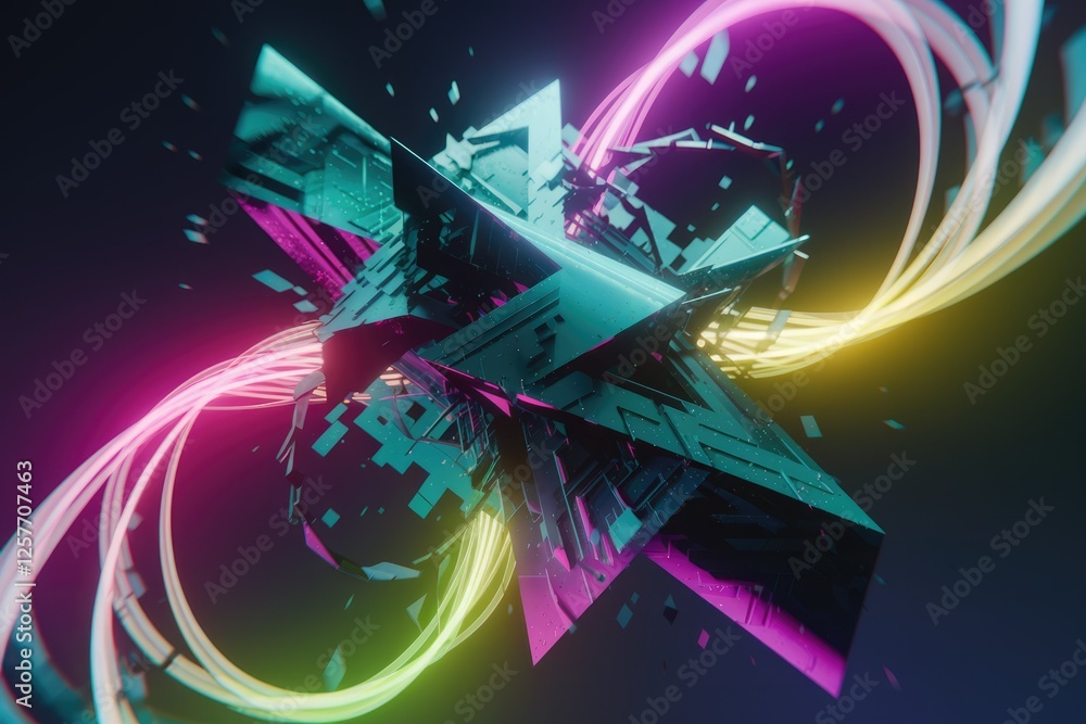 Poster Abstract 3D rendering of a futuristic, fragmented structure with vibrant neon lights.