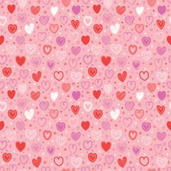 Cartoon style seamless pattern with cute hearts. Texture with hand drawn shapes. Doodles. Design for Valentine’s Day, Mother’s Day and Women’s Day. Vector illustration