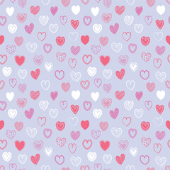 Cartoon style seamless pattern with cute hearts. Texture with hand drawn shapes. Doodles. Design for Valentine’s Day, Mother’s Day and Women’s Day. Vector illustration