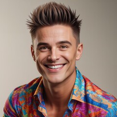 Young Man Smiling in Colorful Hawaiian Shirt Against Neutral Backgrounds_Keywords_smiling, man, colorful shirt, happy, portrait, youthful, casual, vibrant, fashion, friendly, style, expression, hair
