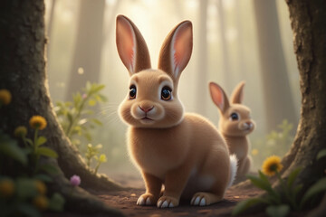 Obraz premium two rabbits in misty forest one with rich brown coat