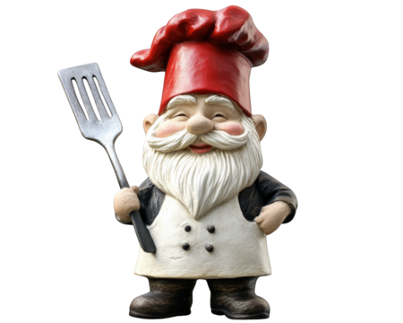 funny garden gnome wearing chef hat, holding spatula, adds whimsical touch to outdoor decor. This cheerful character is perfect for garden enthusiasts